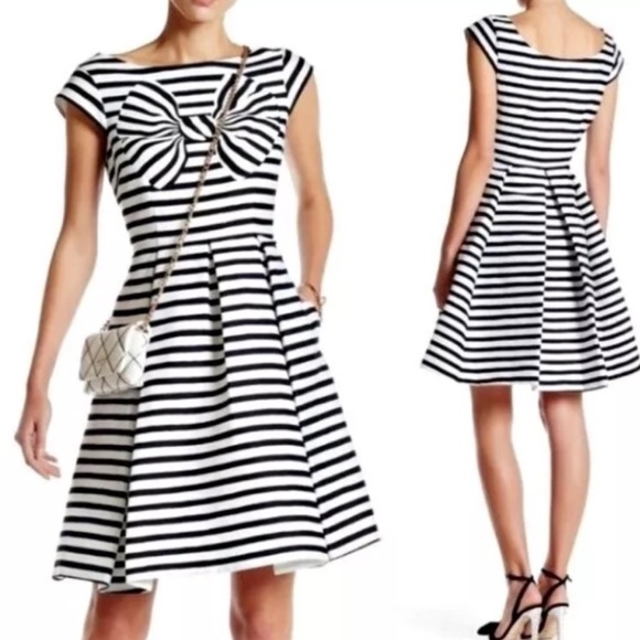 Kate Spade Mariella Black & White Striped Fit & Flare Dress Bow Print - Picture 2 of 12